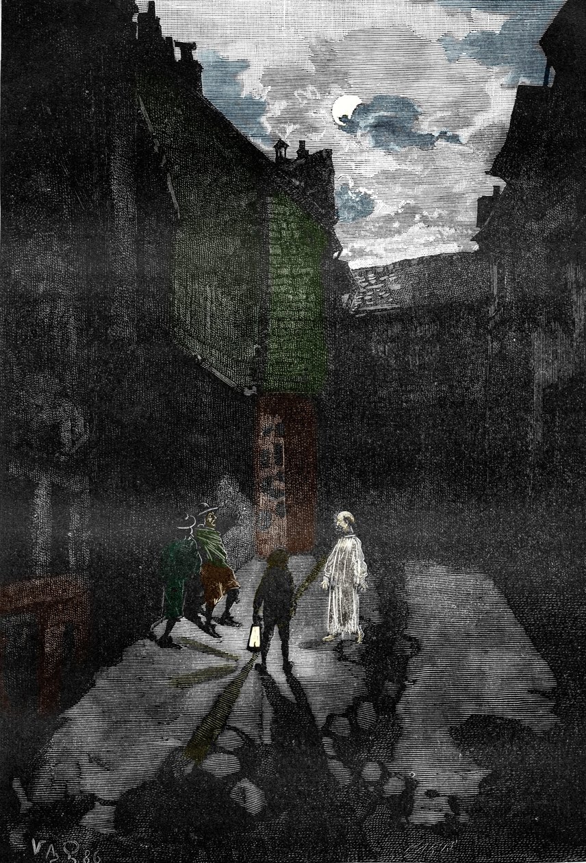 Fenómeno paranormal: "Aparición de un fantasma en el patio de un castillo encantado" (A ghost appears in an haunted castle) Grabado de "Les mysteres de la science" de Louis Figuier, Colección Privada de Victor Armand Poirson