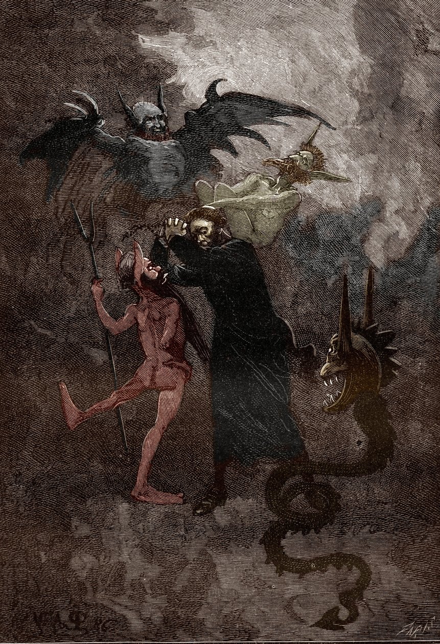 El asunto de los possedes de Loudun (demonios de Loudun) hacia 1630: el demonio Isaacarum (Isacaron) es perseguido por el sacerdote jesuita Jean-Joseph (Jean Joseph) Surin (1600-1665) (Lucha entre el sacerdote jesuita Surin y el demonio Isaacarum, simuland de Victor Armand Poirson