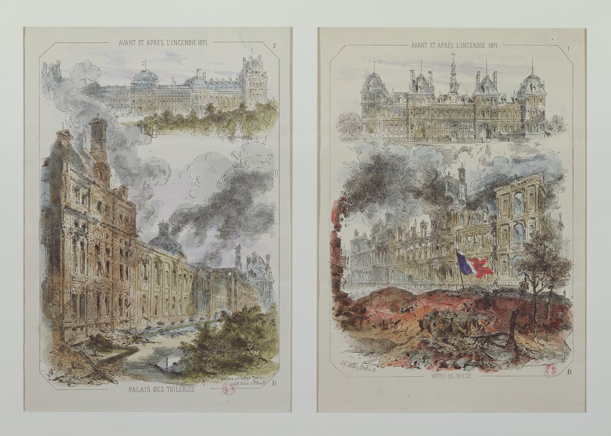 Vistas del Palacio de las Tullerías y el Hotel de Ville antes y después de los incendios de 1871 de Victor Coindre