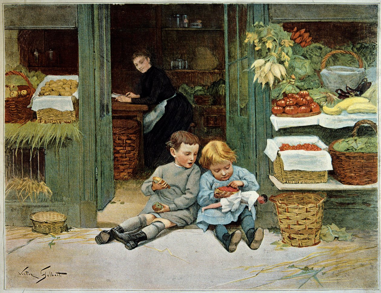 Tour him. Niño comiendo tostadas frente a los comestibles de su madre. La niña pequeña tiene una muñeca en sus rodillas. Pintura de Victor Gilbert (1847-1935). París, Artes Decorativas de Victor Gabriel Gilbert