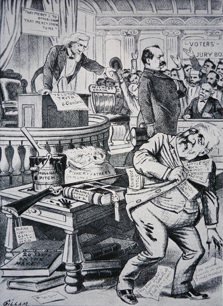 Grover Cleveland (1837-1908) Diciendo la Verdad sobre su Vida Privada, Mientras su Oponente James Blaine (1830-93) es Retratado como Corrupto de Victor Gillam