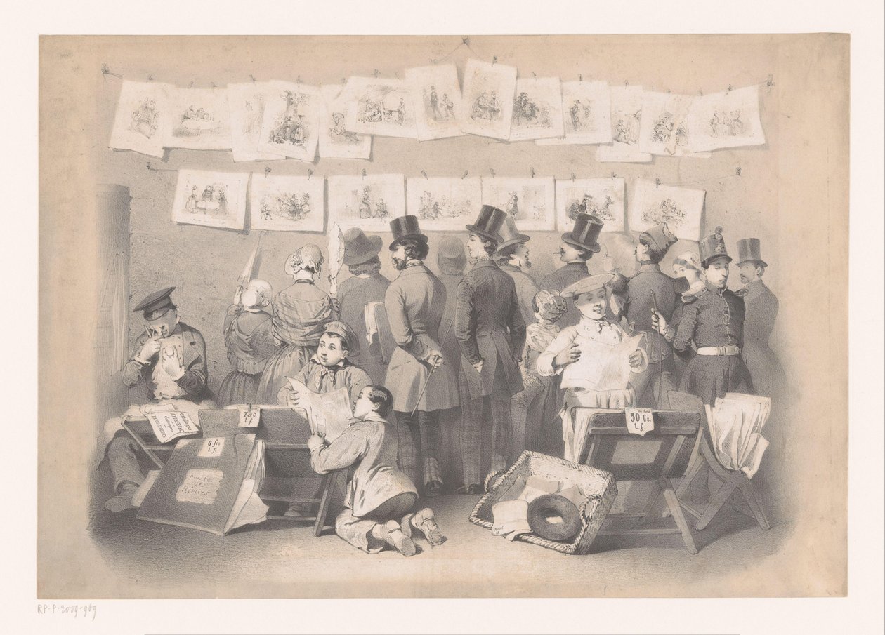 Titelprent met interieur van een prentenwinkel Museo de la risa (título de la serie) La pantalla (título de la serie) de Victor Jean François Dollet
