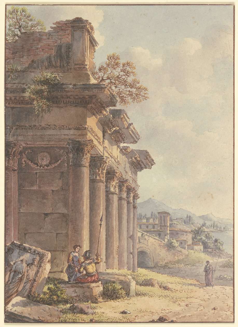 Capricho arquitectónico: ruinas de una fachada de templo, al fondo paisaje con edificios y bahía de Victor Jean Nicolle