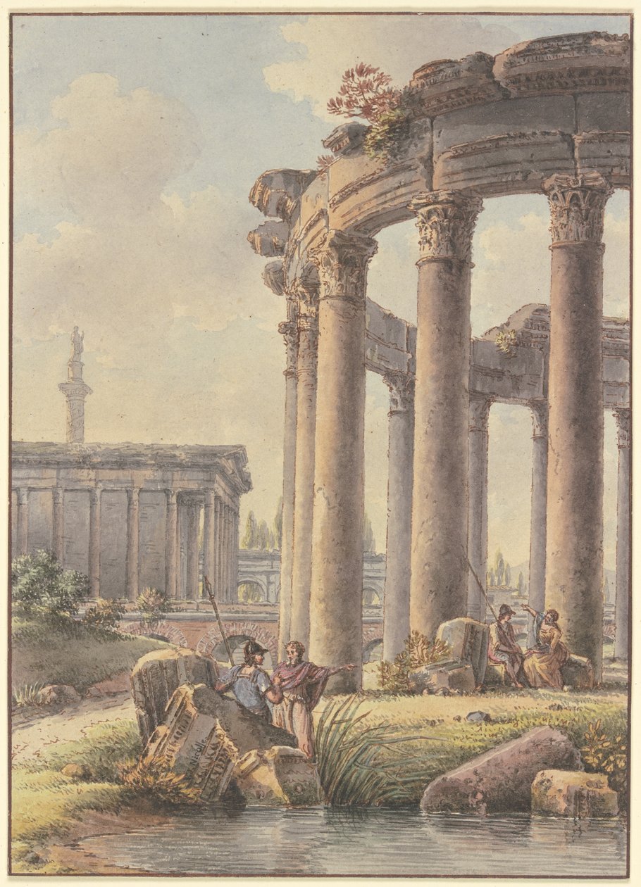Capricho arquitectónico: ruinas de un templo circular, con la columna de Trajano al fondo de Victor Jean Nicolle