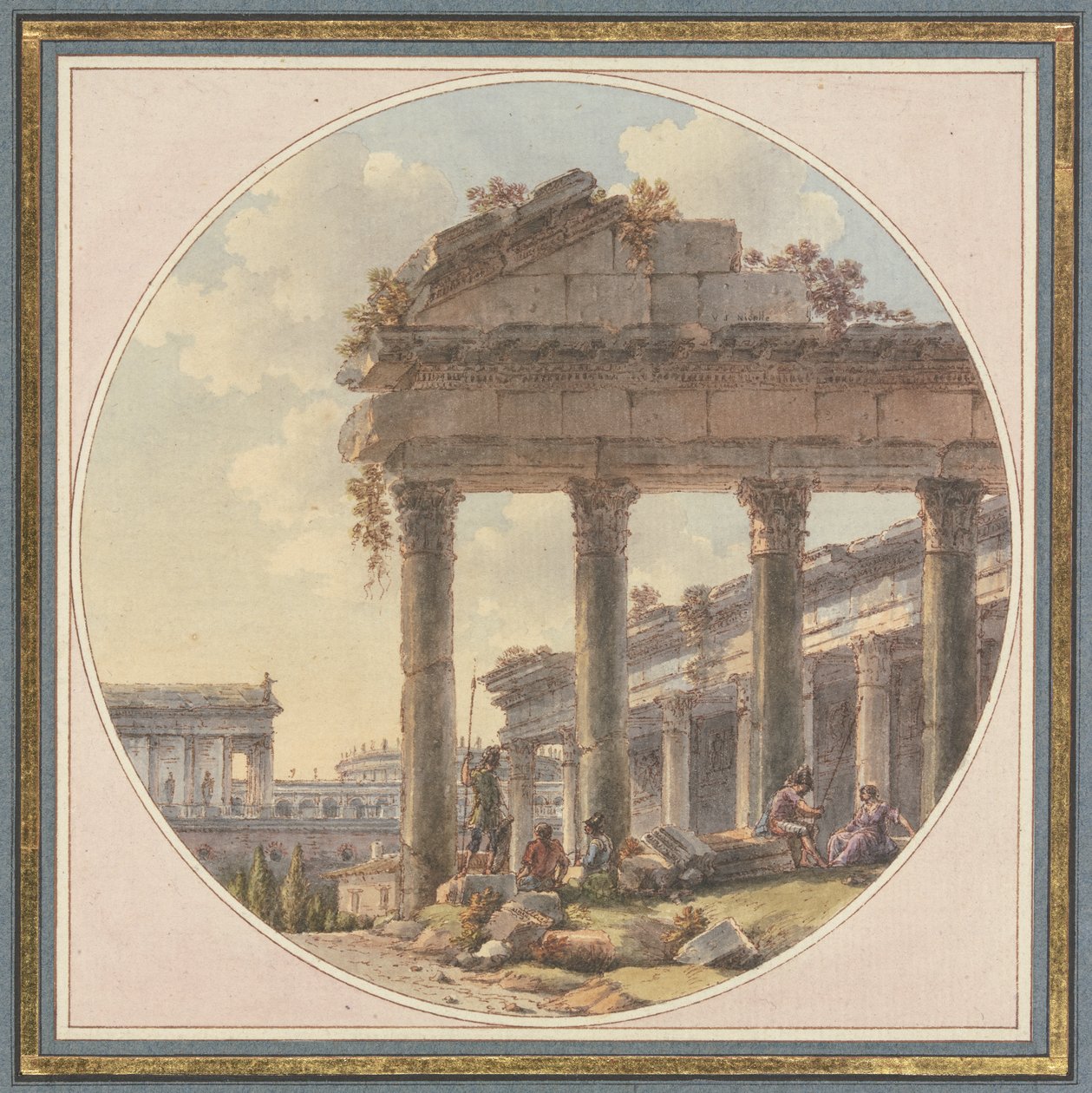 Capricho arquitectónico: ruina de templo y figuras de ambientación de Victor Jean Nicolle