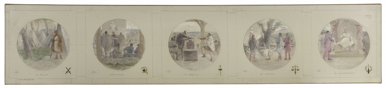 Boceto para la galería Lobau del Hôtel de Ville de París: La Milice. La Asamblea. Votaciones. La Justicia. El Gobierno. de Victor Jean Pierre Maziès