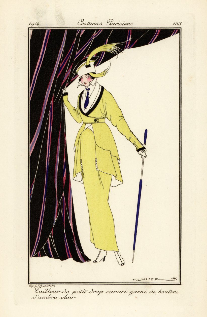 Mujer con vestido amarillo canario con botones ámbar. de Victor Lhuer