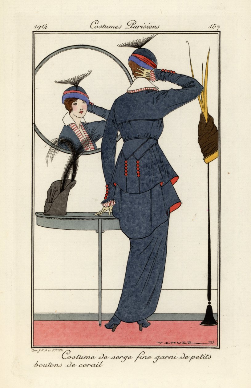 Mujer con traje de sarga fina con botones de coral mirando. de Victor Lhuer