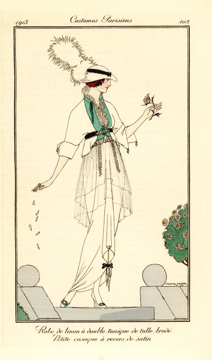 Mujer con vestido de lino con doble túnica de tul bordado, pequeña casaque forrada de raso. Robe de linon a double tunique de tul brode, petite casaque a revers de satin. Grabado pochoir (stencil) coloreado a mano según una ilustración de Victor Lhu de Victor Lhuer