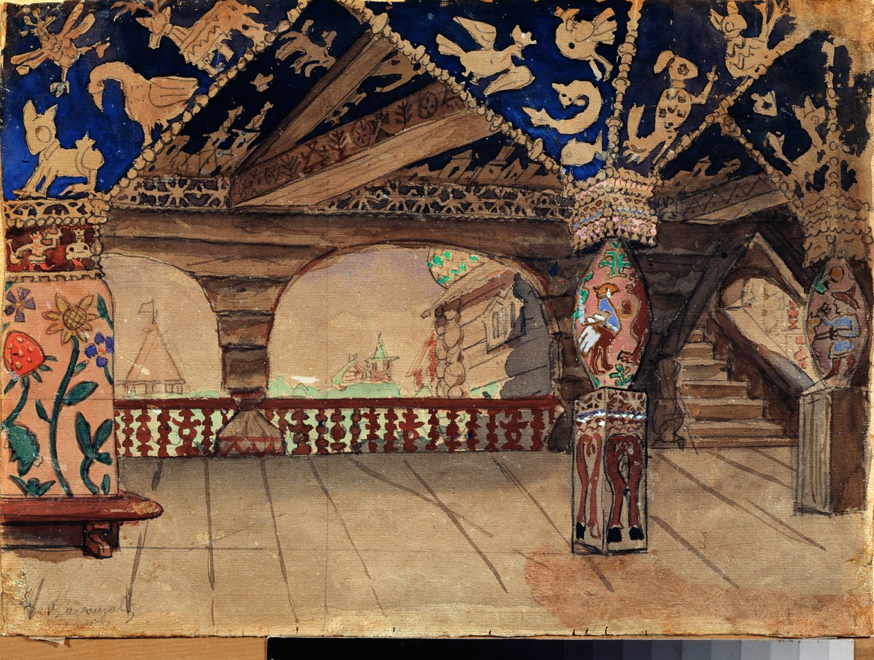 Decoración preparatoria para la obra de teatro ""La demoiselle des neiges"" de Alexandre Ostrovski (1823-1886) (Escenografía para la obra de teatro Snow Maiden de A Ostrovsky) La terraza de madera - Obra de Viktor Mikhaylovich Vasnetsov (1848-1926) ) , ace de Victor Mikhailovich Vasnetsov