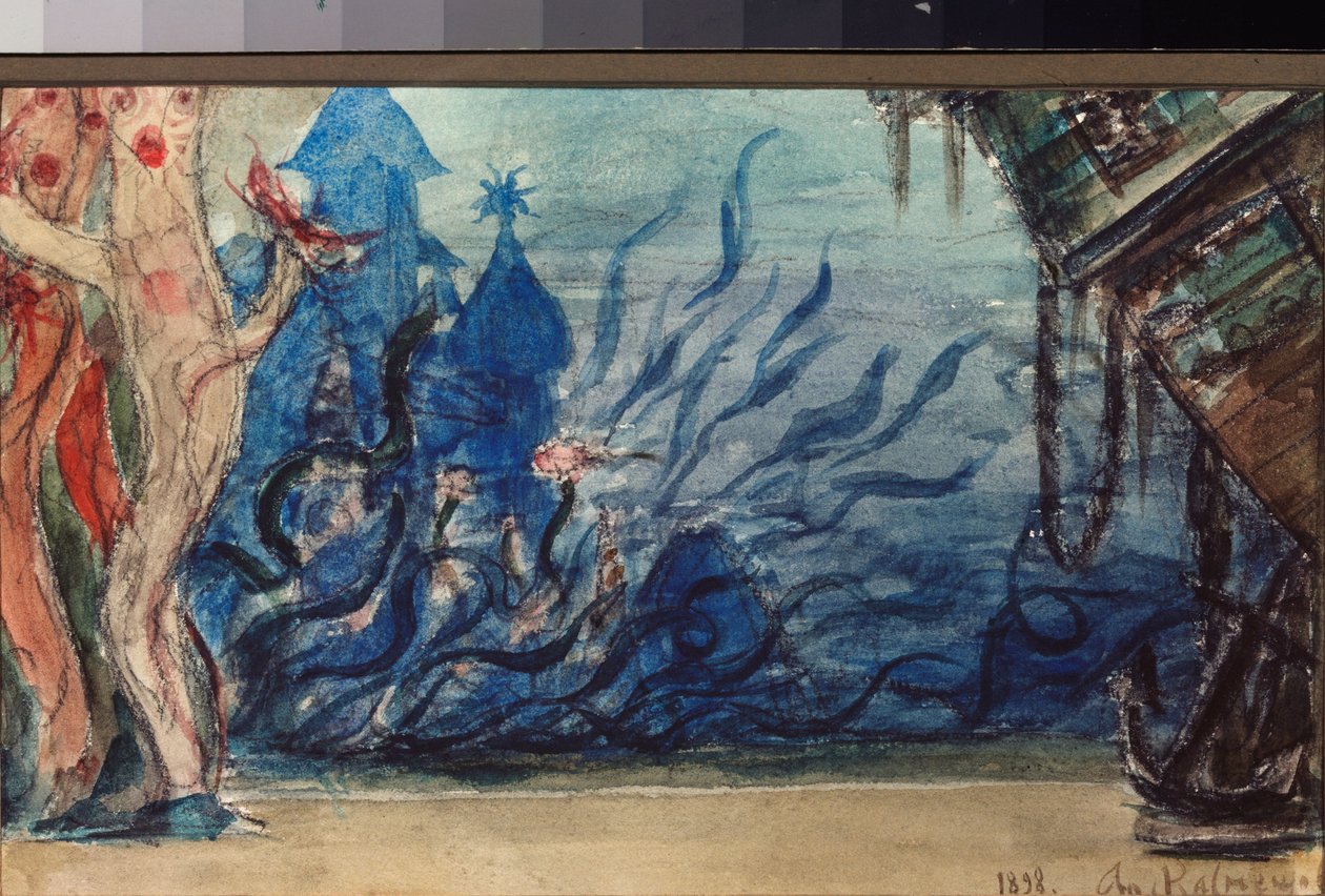 Escenografía preparatoria para la ópera ""Sadko"" de Nicholas (Nikolai) Rimsky Korsakov (Rimsky-Korsakov) (1844-1908) (Escenografía para la ópera Sadko de N Rimsky Korsakov) paisaje submarino - Obra de Viktor Mikhaylovich Vasnetsov (1848- 1926), lápiz y ac de Victor Mikhailovich Vasnetsov