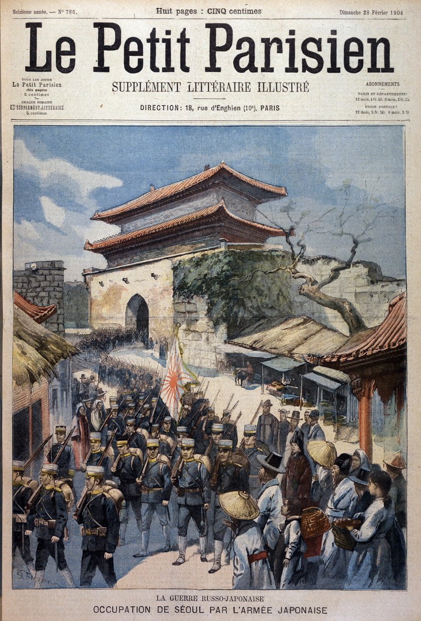 El ejército japonés ocupa Seúl, Corea - Grabado de Le Petit Parisien, 28/02/1904 de Victor Mottez