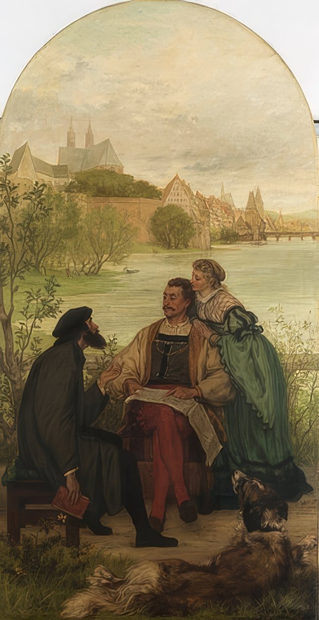 Caballero Hartmut von Kronberg con el reformador Oecolampadius en Basilea de Victor Müller