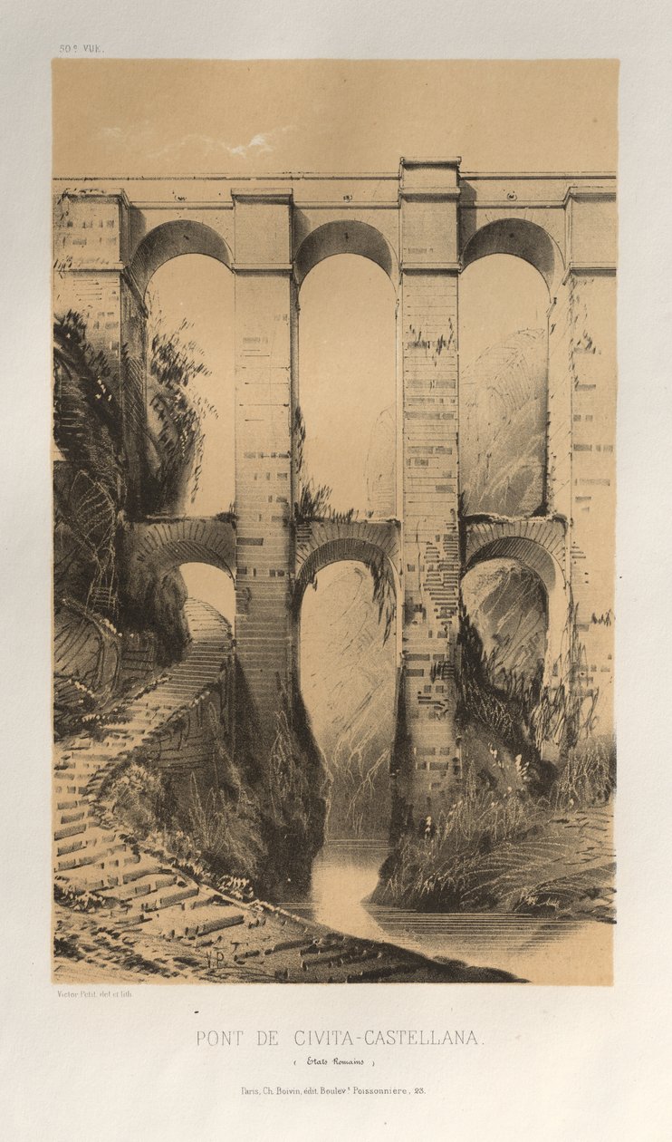 Arquitectura Pintoresca o Monumentos del Siglo XV. y XVI. Siglos: Castillos de Francia de los Siglos XV y XVI: Pl. 50, Pont De Civita-Castellana (Estados Romanos) de Victor Petit