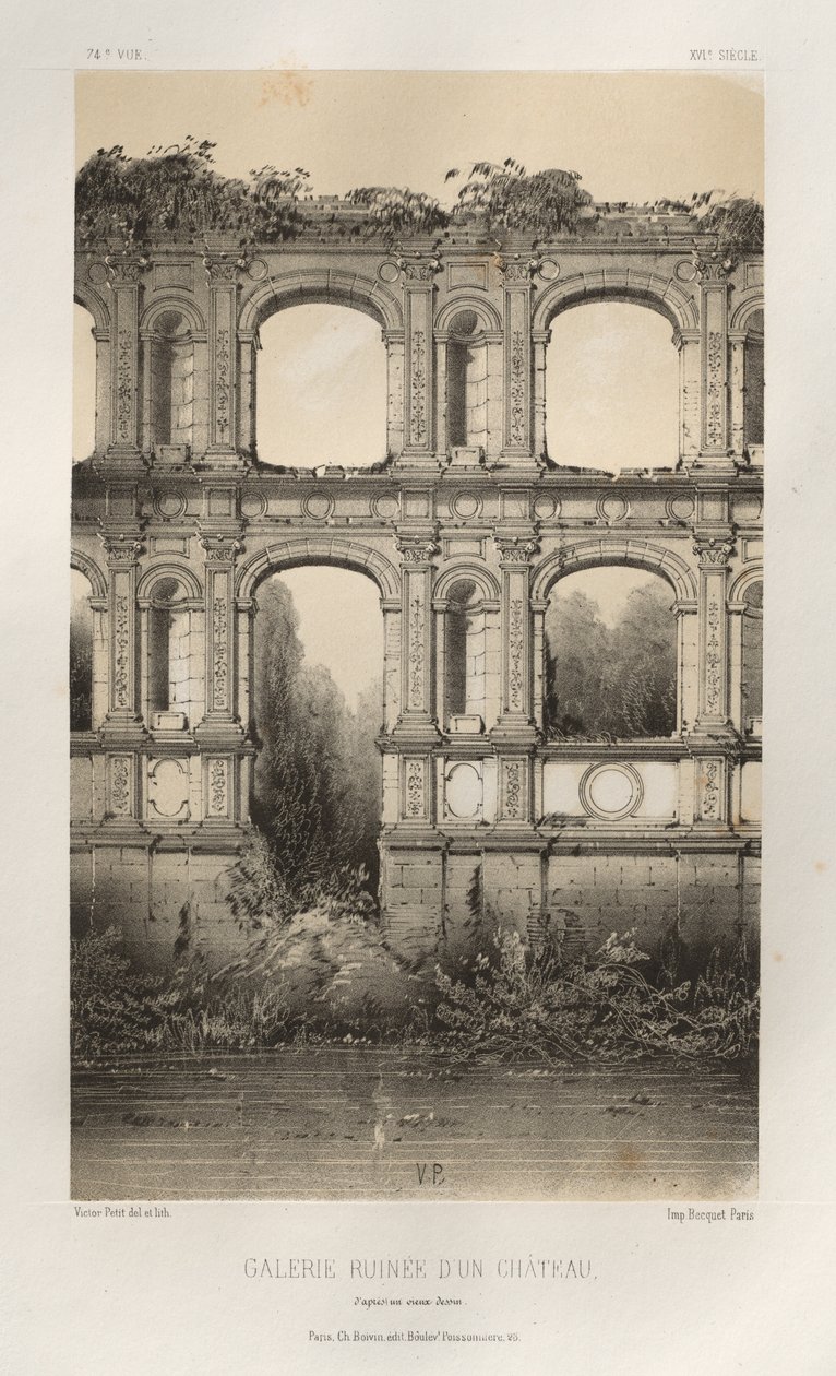 Arquitectura Pintoresca o Monumentos del Siglo XV. y XVI. Siglos: Castillos de Francia de los siglos XV y XVI: Pl. 74, Galería de un castillo en ruinas, según un dibujo antiguo de Victor Petit