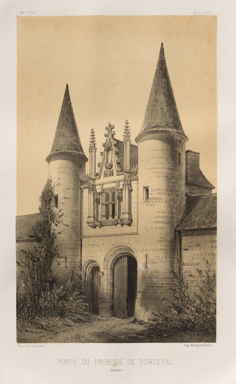 Arquitectura Pintoresca o Monumentos del Siglo XV. y XVI. Siglos: Castillos de Francia de los Siglos XV y XVI: Pl. 96, Puerta del Priorato de Torteval (Calvados) de Victor Petit