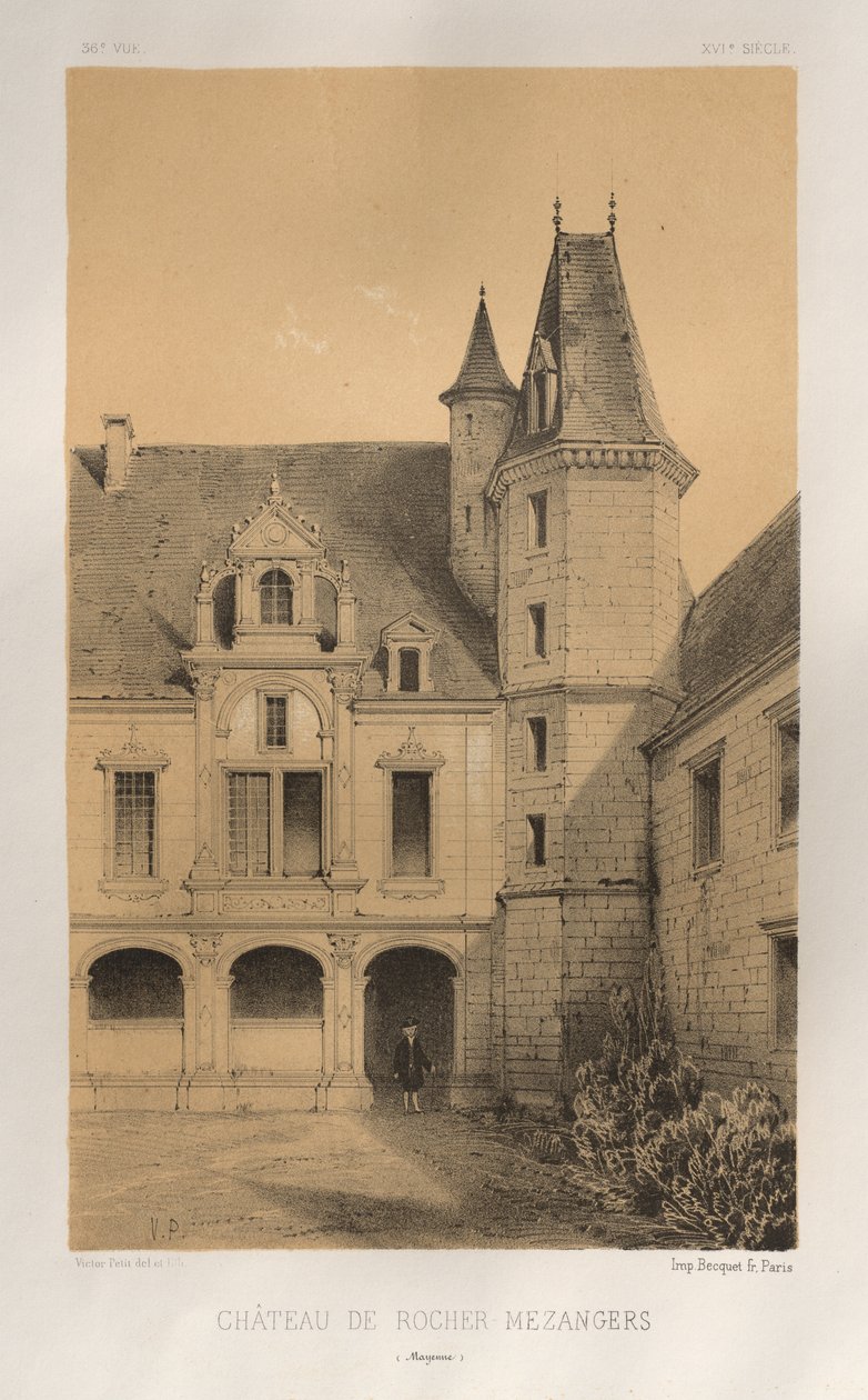Arquitectura Pintoresca o Monumentos del Siglo XV. y XVI. Siglos: Castillos de Francia de los siglos XV y XVI: Pl. 36, Château De Rocher Mezangers (Mayenne) de Victor Petit