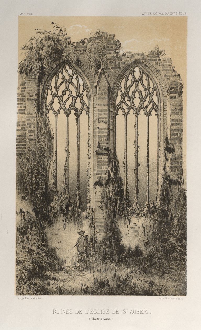Arquitectura Pintoresca o Monumentos del Siglo XV. y XVI. Siglos: Castillos De Francia De Los Siglos XV Y XVI: Pl. 38, Ruinas De La Iglesia De St. Aubert (Haute-Marne) de Victor Petit