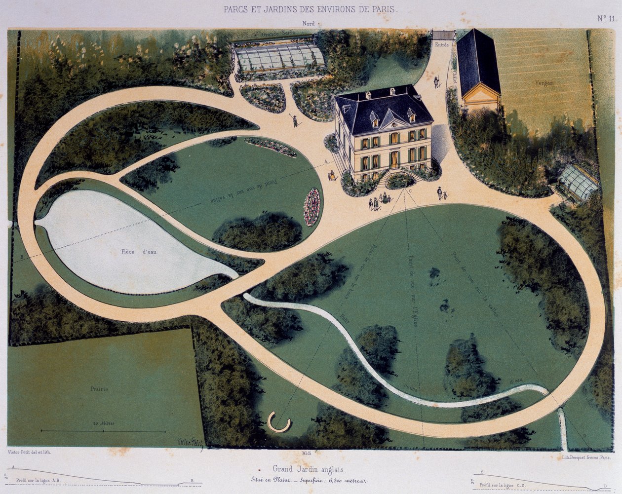Gran jardín inglés de 6300 metros cuadrados, Ilustración tomada de Parcs et Jardins des environs de Paris (Parques y Jardines de los alrededores de París), Ca 1850, Litografía de Victor Petit (1818-1871), Francia de Victor Petit