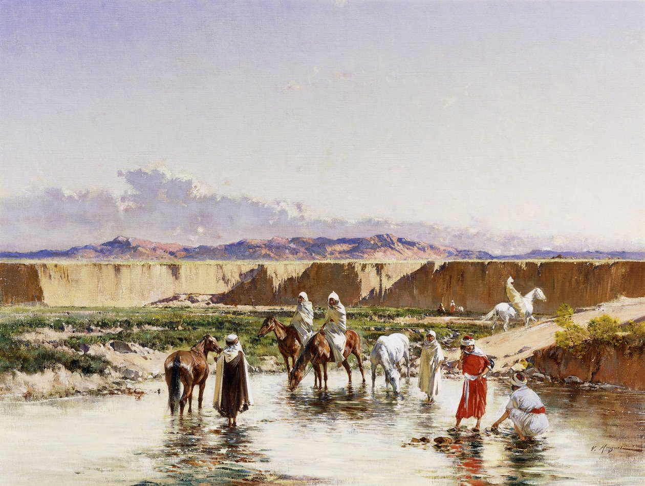 Jinetes árabes abrevando en un oasis de Victor Pierre Huguet
