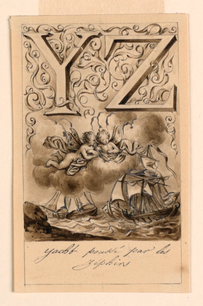 Diseño para las letras Y y Z de un abecedario: Yate/ Zéfiro (Yates impulsados por Zéfiros) de Victor Vincent Adam