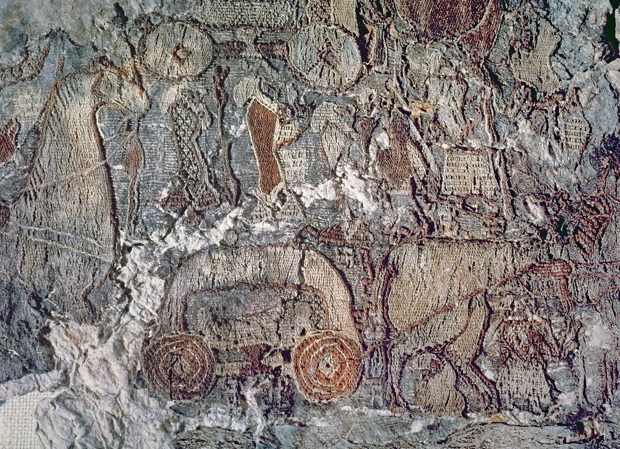 Detalle de un animal tirando de un carro, de un tapiz encontrado con el barco de Oseberg (textil) de Viking