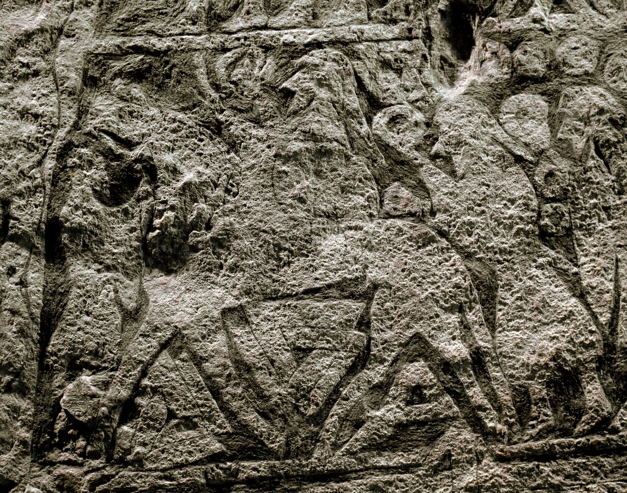 Los muertos montando el caballo de Odín, detalle de una piedra funeraria vikinga, siglo VII-VIII d.C. de Viking