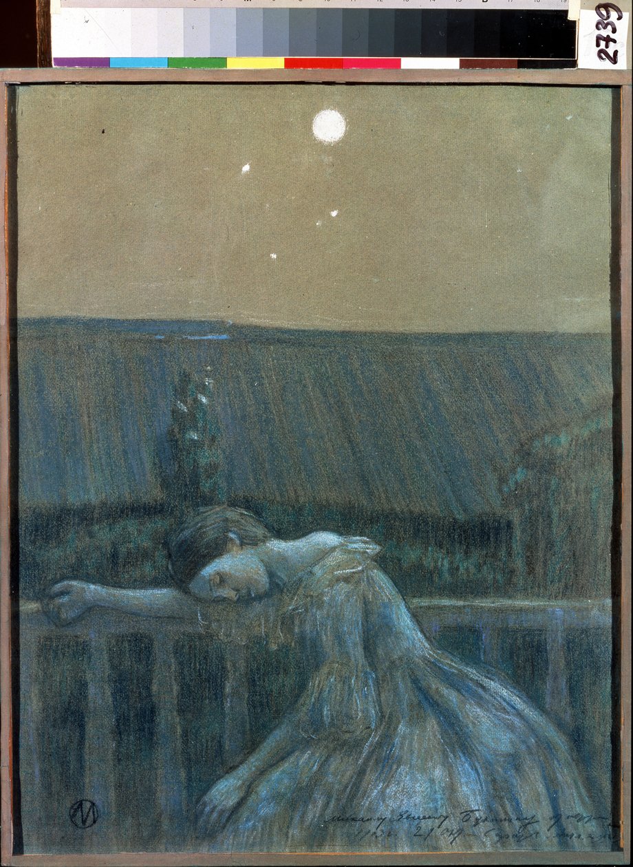 ""The Sorrow"" (Tristeza) Una joven desesperada apoyada en una barandilla. Acuarela y pastel de Viktor (Victor) Elpidiforovich Borisov-Musatov (Borisov Musatov) (1870-1905) (simbolismo) 1903 Museo Estatal de Historia y Arte Serpukhov (Serpukhov). de Viktor Elpidiforovich Borisov Musatov