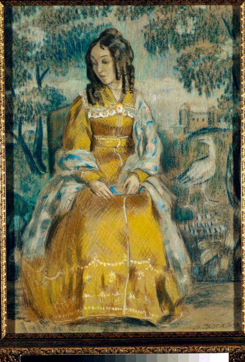 Retrato de Nadezhda Stanyukovich frente a un tapiz, pensativa, con un vestido de crinolina - Dibujo de Viktor (Victor) Elpidiforovich Borisov-Musatov (Borisov Musatov) (1870-1905) de Viktor Elpidiforovich Borisov Musatov