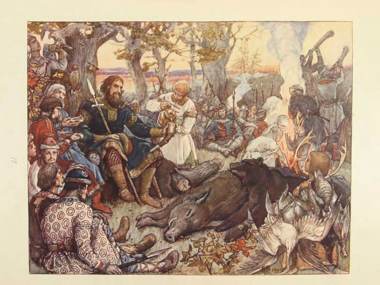 Descanso del Gran Príncipe Vladimir II Monomakh en la caza. La caza imperial en Rusia por N. Kutepov de Viktor Mikhaylovich Vasnetsov