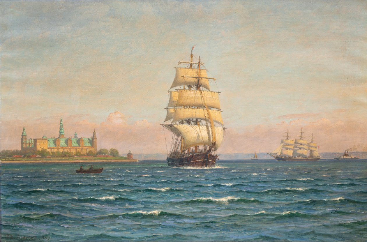 Veleros y un transbordador frente a Kronborg. de Vilhelm Arnesen