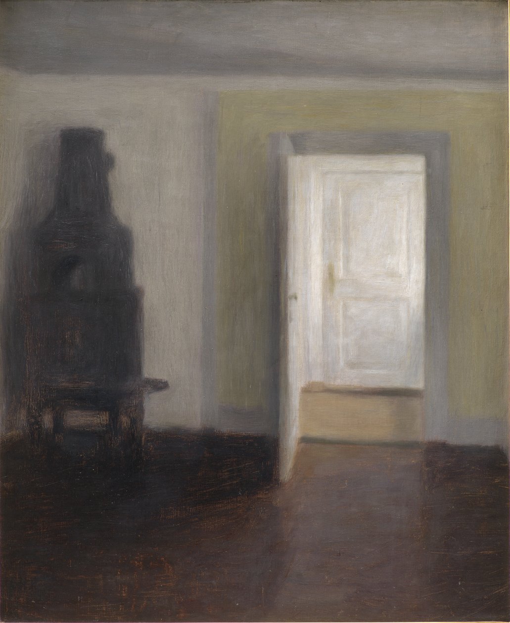 Interior con estufa antigua de Vilhelm Hammershoi