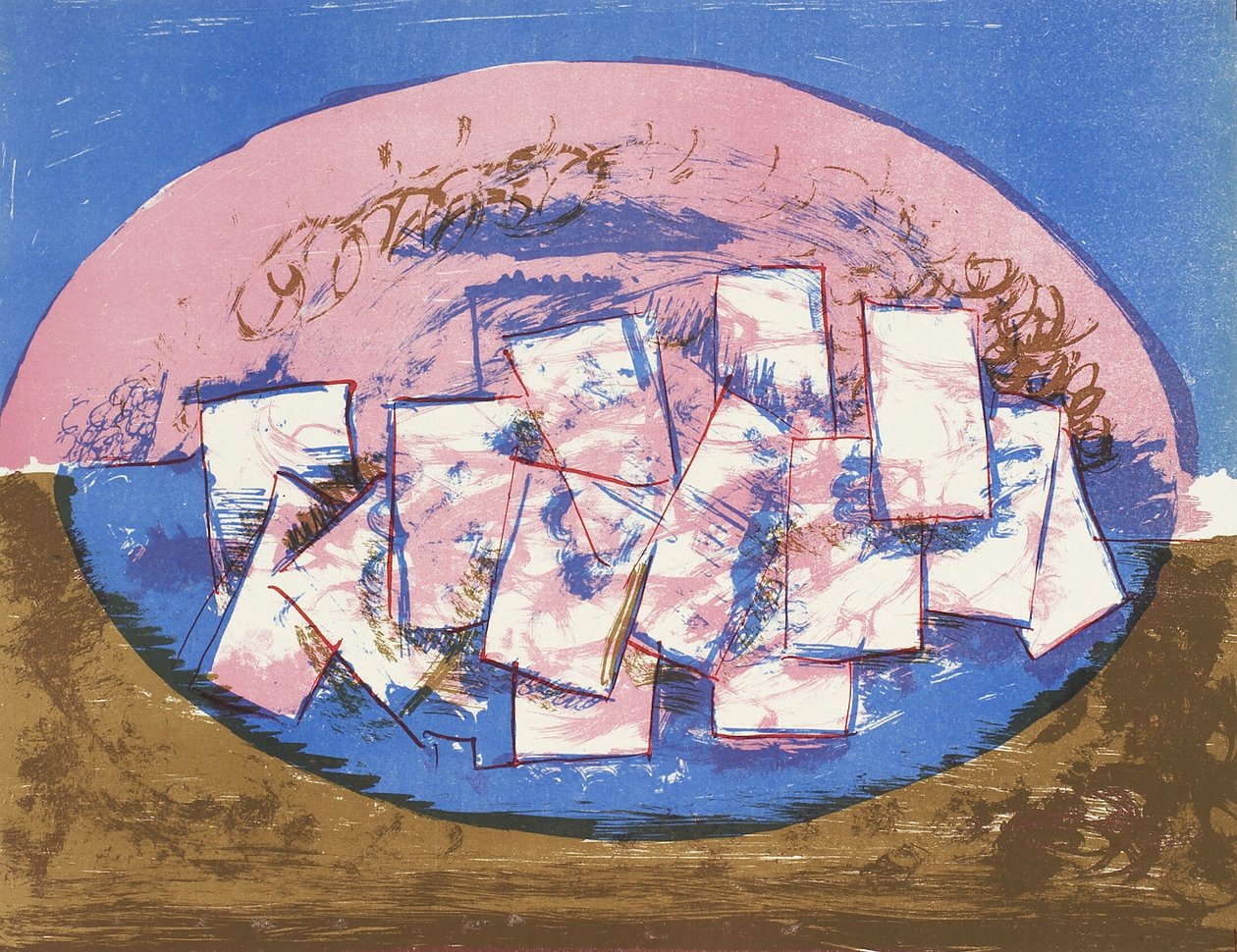 Elipse azul y rosa con cuadrados sobre fondo marrón y azul de Vilhelm Lundstrøm