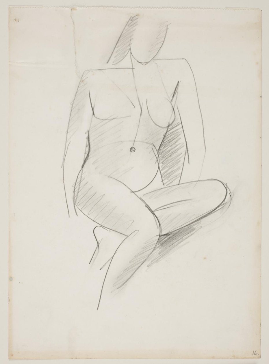 Mujer sentada, vista de frente ligeramente hacia la derecha, una pierna doblada bajo la otra de Vilhelm Lundstrøm