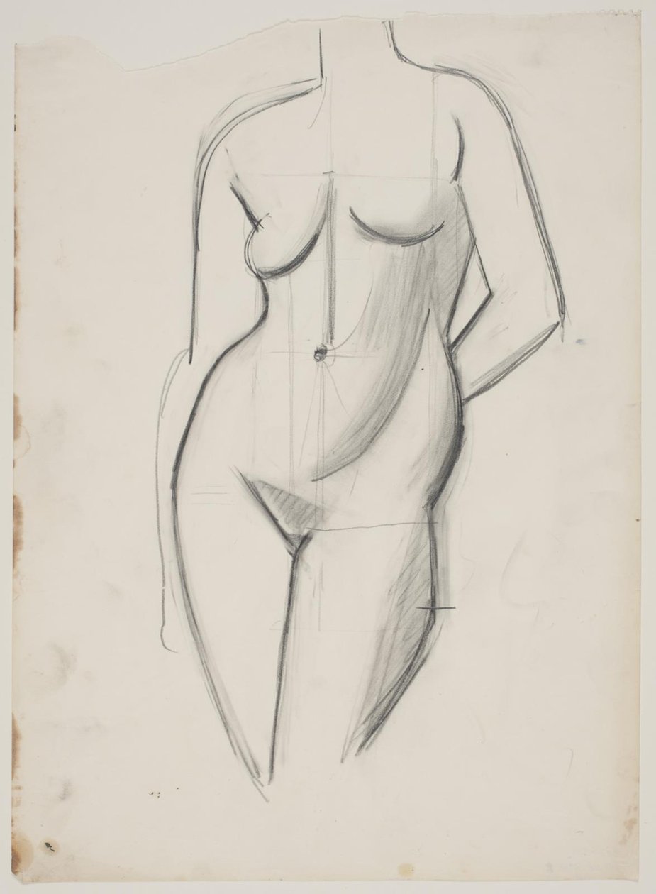 Modelo femenina de pie con la mano izquierda detrás de la espalda de Vilhelm Lundstrøm