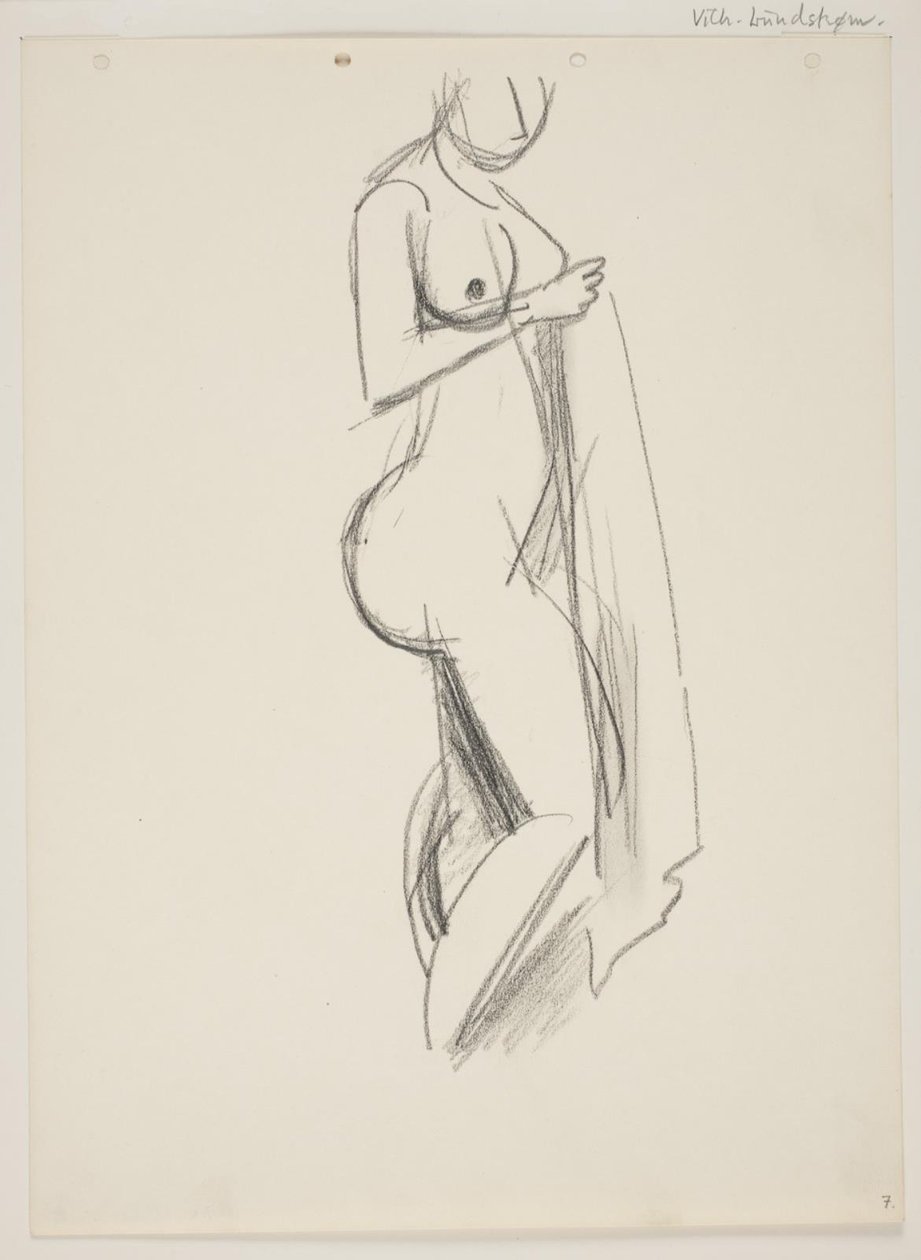 Mujer desnuda de pie, perfil derecho, con drapeado en la mano de Vilhelm Lundstrøm