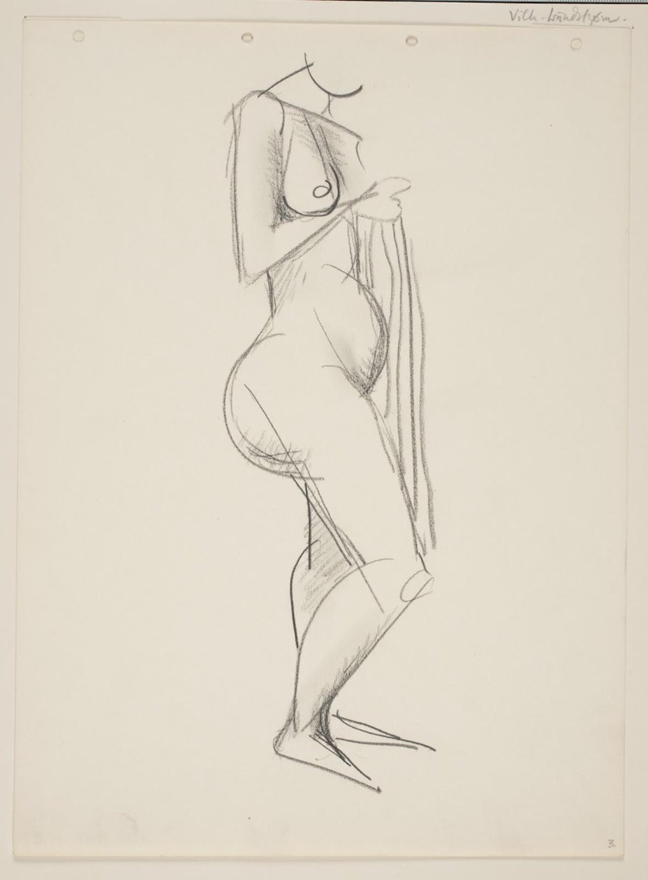 Mujer desnuda de pie, perfil a la derecha, con drapeado en la mano de Vilhelm Lundstrøm
