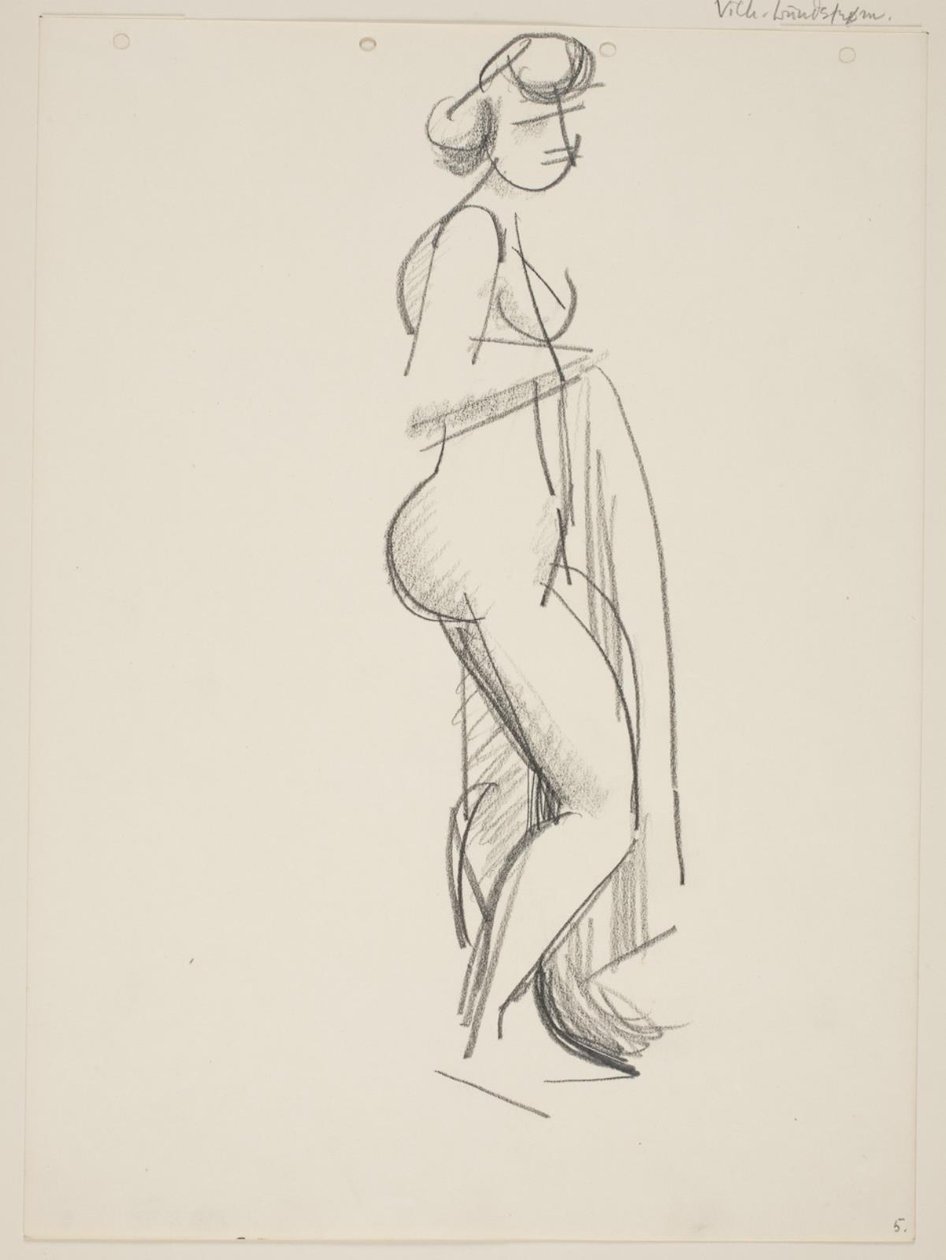 Mujer desnuda de pie, perfil a la derecha, con drapeado en la mano de Vilhelm Lundstrøm