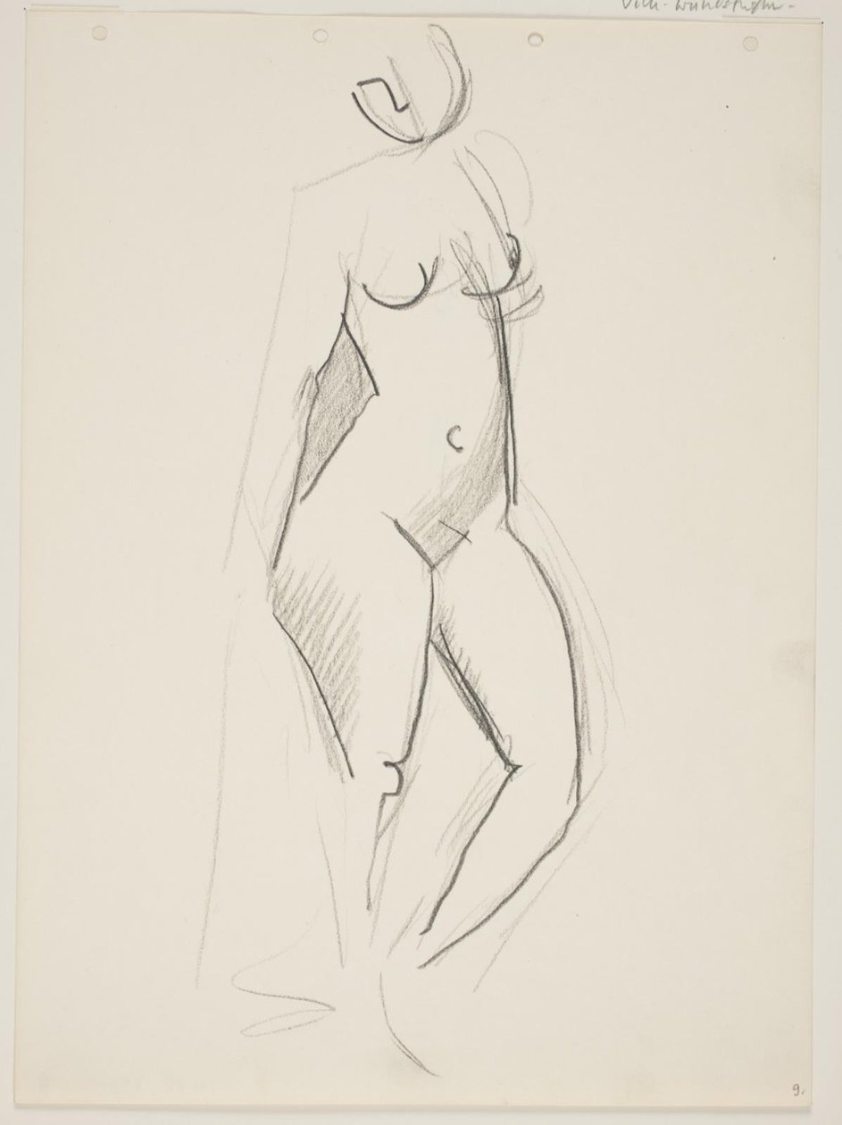 Mujer desnuda de pie, vuelta hacia la derecha, con un drapeado en la mano de Vilhelm Lundstrøm