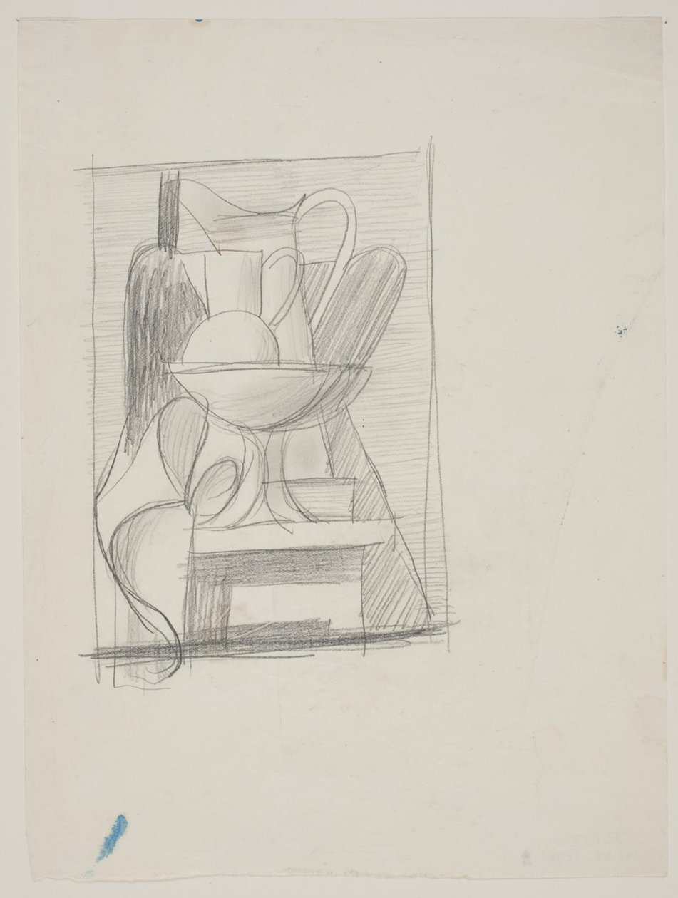 Estudio para una composición con botella, jarras, frutero y servilleta de Vilhelm Lundstrøm