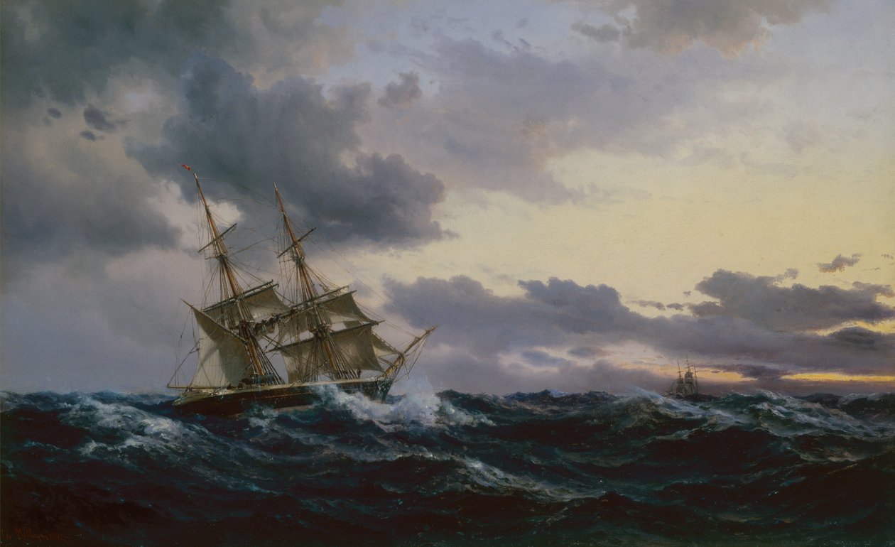 Barcos de vela en un mar tormentoso de Vilhelm Melbye