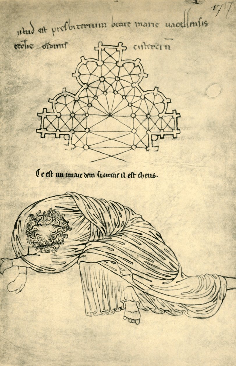 Plano de la iglesia y apóstol durmiente, 1220-1240, 1943 de Villard de Honnecourt