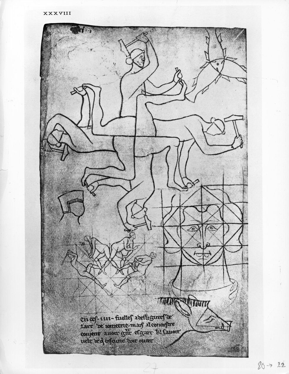 Copia facsímil de Ms Fr 19093 fol.19v Estudios de hombres y animales de Villard de Honnecourt