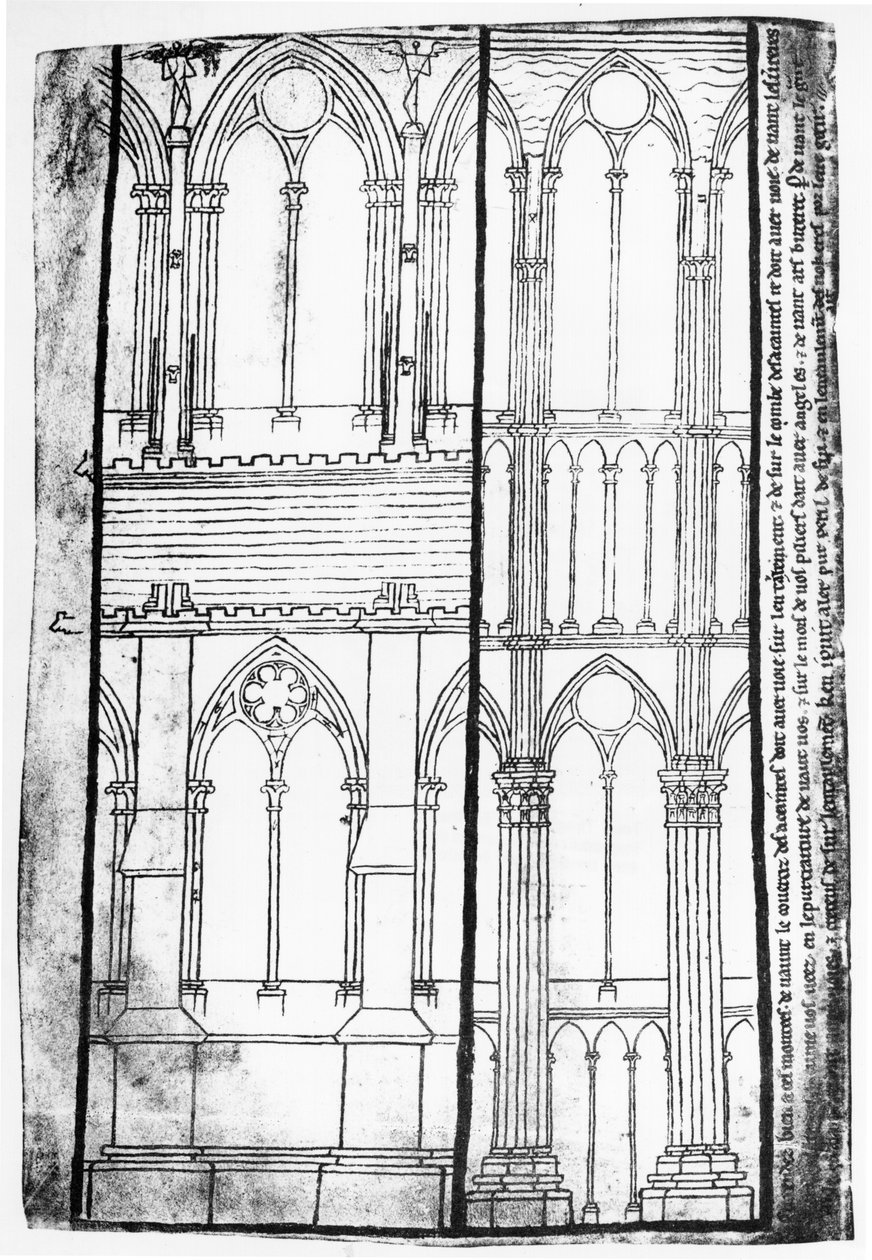 Copia facsímil de Ms Fr 19093 fol.31v Elevación exterior e interior de las paredes laterales de la Catedral de Reims de Villard de Honnecourt
