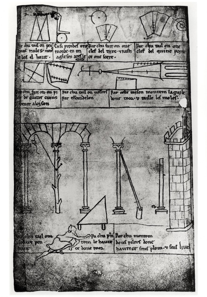 Ms.Fr.19093 fol.20v Figuras geométricas para construcción, arcos y hombre midiendo la altura de una torre (copia facsímil) de Villard de Honnecourt