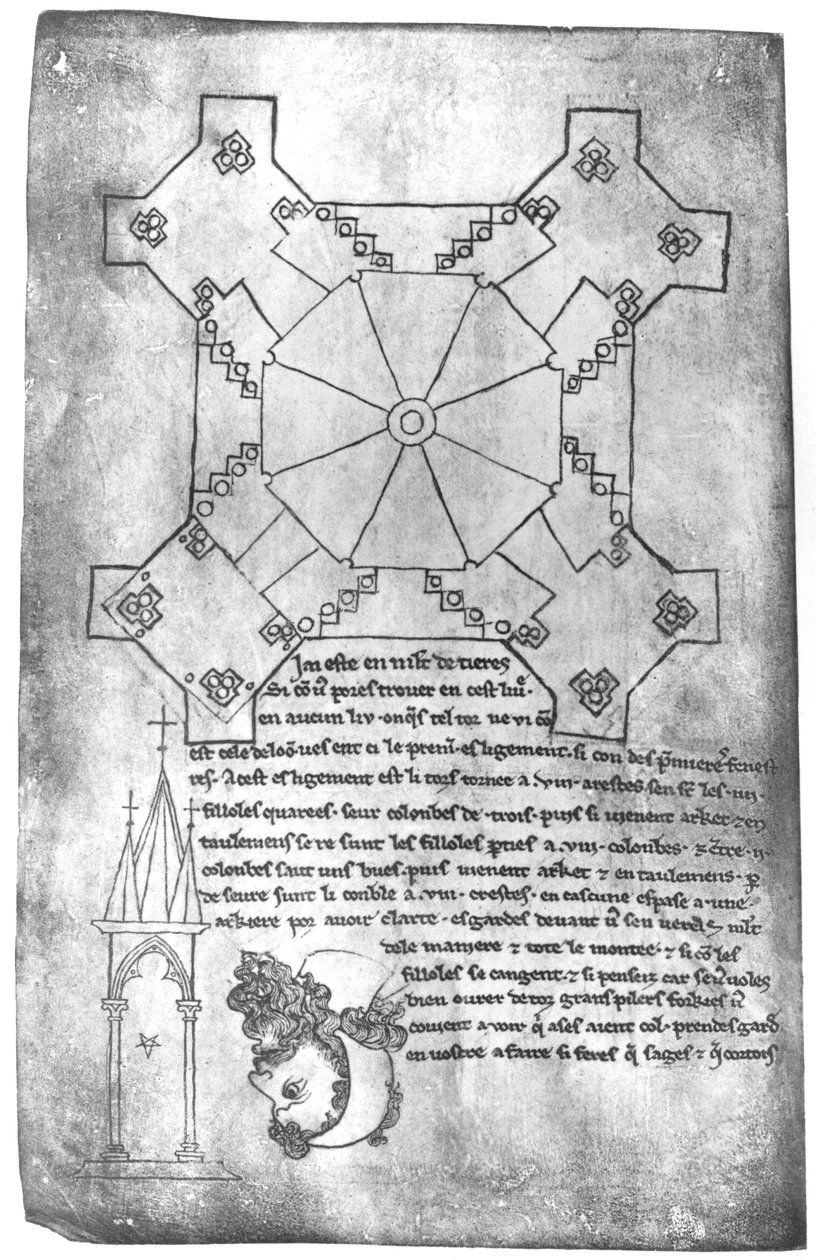 Ms 19093 fol.9v Copia facsímil de un plano de la torre de la catedral de Laon, la cabeza de un hombre barbudo y una ventana gótica de Villard de Honnecourt