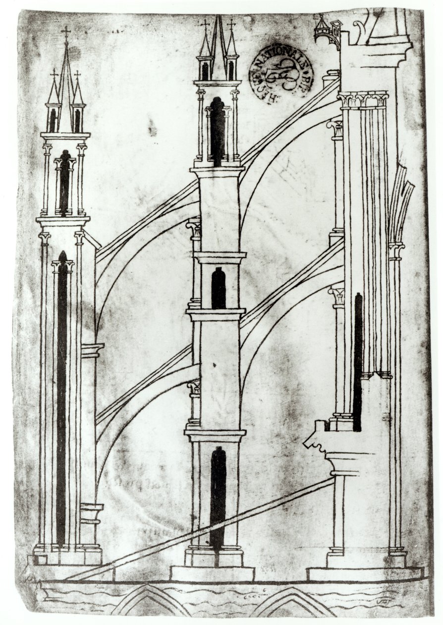 Ms Fr 19093 f.32v Sección de la pared y arco de las capillas absidiales de la Catedral de Reims (copia facsímil) de Villard de Honnecourt