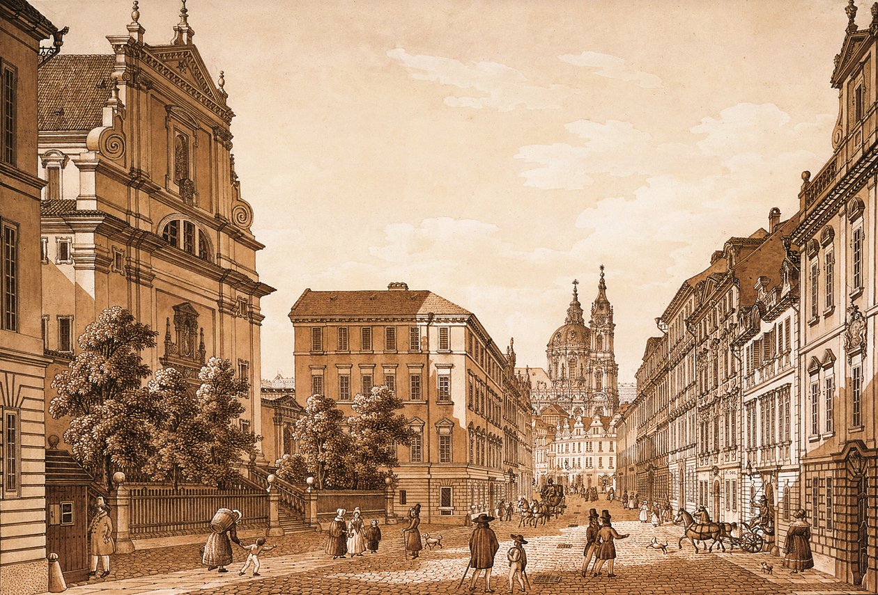 Vista de la calle Karmelitská hacia la Iglesia de San Nicolás, Praga de Vincenc Morstadt