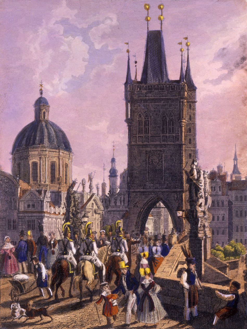 Vista de la Torre del Puente de la Ciudad Vieja desde el Puente de Carlos, 1847 de Vincenc Morstadt