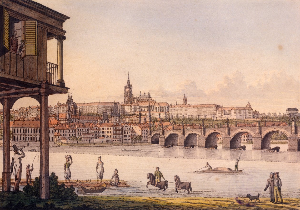 Vista del Barrio Pequeño y el Castillo de Praga Hradcany desde el Baño de Papouek, 1825 de Vincenc Morstadt